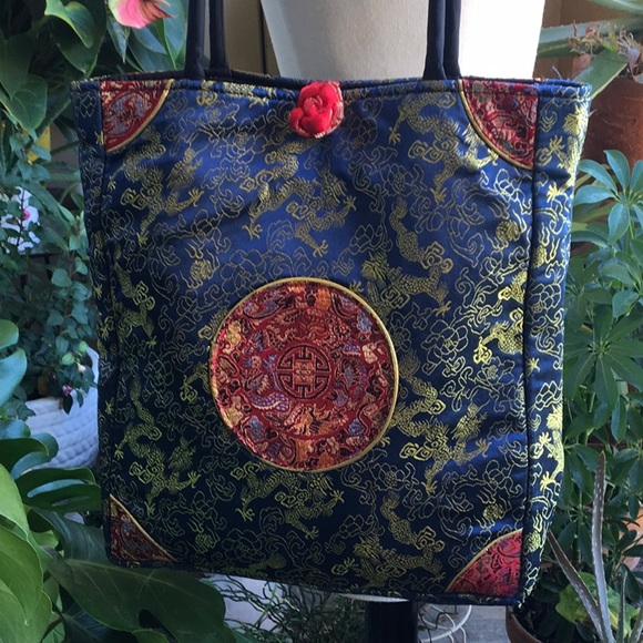 Handbags - 💕Blue and Red Asian brocade tote bag💕